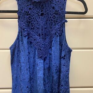 Entro Top Blue Boho Velvet & Crochet Sleeveless Tank Mock Neck Small
